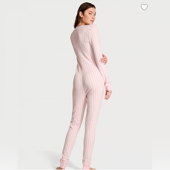 Pink Striped Women's Thermal Henley Long Onesie - Picture 2 of 4
